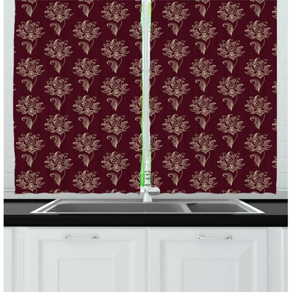 Ambesonne Maroon Kitchen Curtains, Damask Style Motifs Graphic, 55"x45", Maroon Pale Sepia