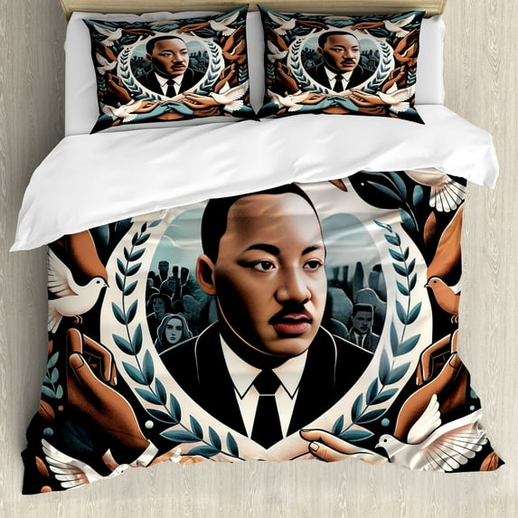 Ambesonne Martin Luther King Jr Day Duvet Cover Set, Portrait, Calking, Blue Grey and Pale Caramel