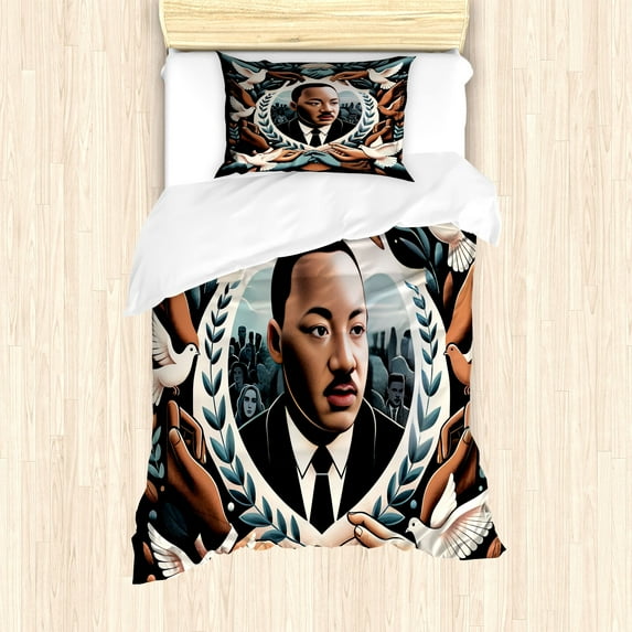 Ambesonne Martin Luther King Jr Day Duvet Cover Set, Portrait, Twin, Blue Grey and Pale Caramel
