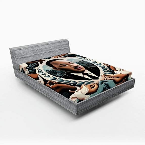 Ambesonne Martin Luther King Jr Day Fitted Sheet, Portrait, King Size, Blue Grey and Pale Caramel
