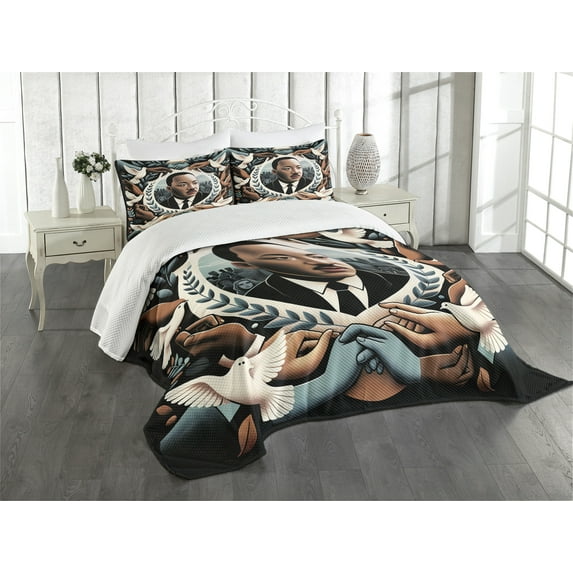 Ambesonne Martin Luther King Jr Day Quilted Bedspread Set 3 Pcs, Portrait, Queen Size, Blue Grey and Pale Caramel