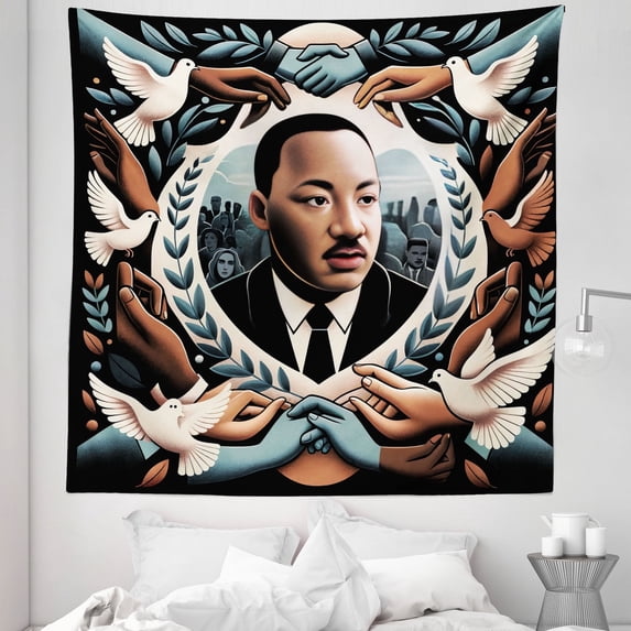 Ambesonne Martin Luther King Jr Day Tapestry Queen Size, Portrait, 88"x88", Blue Grey and Pale Caramel