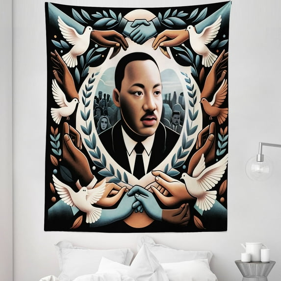 Ambesonne Martin Luther King Jr Day Tapestry Twin Size, Portrait, 68"x88", Blue Grey and Pale Caramel