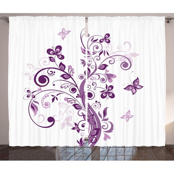 Ambesonne Mauve Curtains 2 Panel Set, Flowers Leaf Butterlies, 108" x 90", Purple White