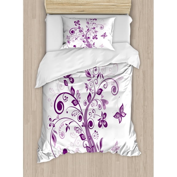 Ambesonne Mauve Duvet Cover Sets, Flowers Leaf Butterlies, 2-Twin, Purple White