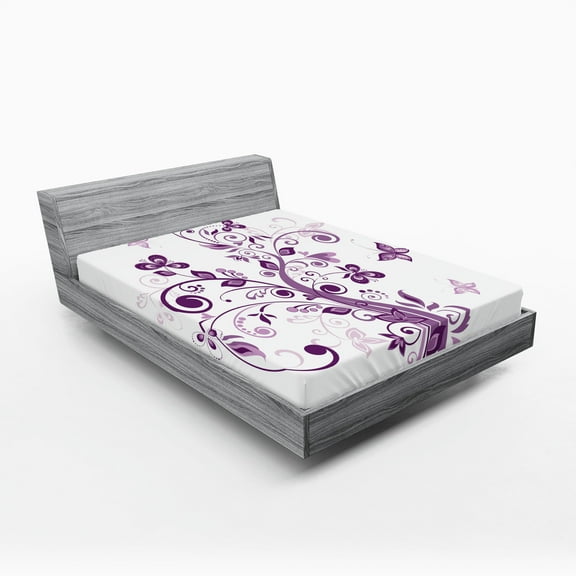 Ambesonne Mauve Fitted Sheet 2 Pcs Set, Flowers Leaf Butterlies, Full, Purple White