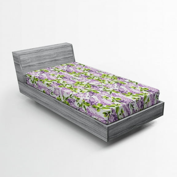 Ambesonne Mauve Fitted Sheet, Botanic Spring Plants, Twin Size, Lilac Green