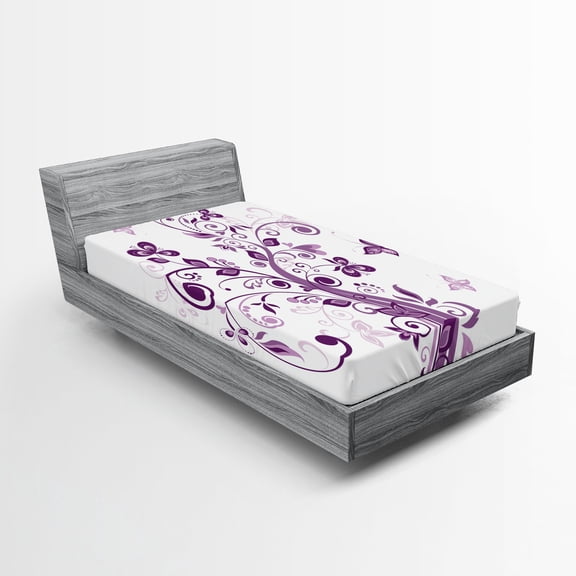 Ambesonne Mauve Fitted Sheet, Flowers Leaf Butterlies, Twin Size, Purple White