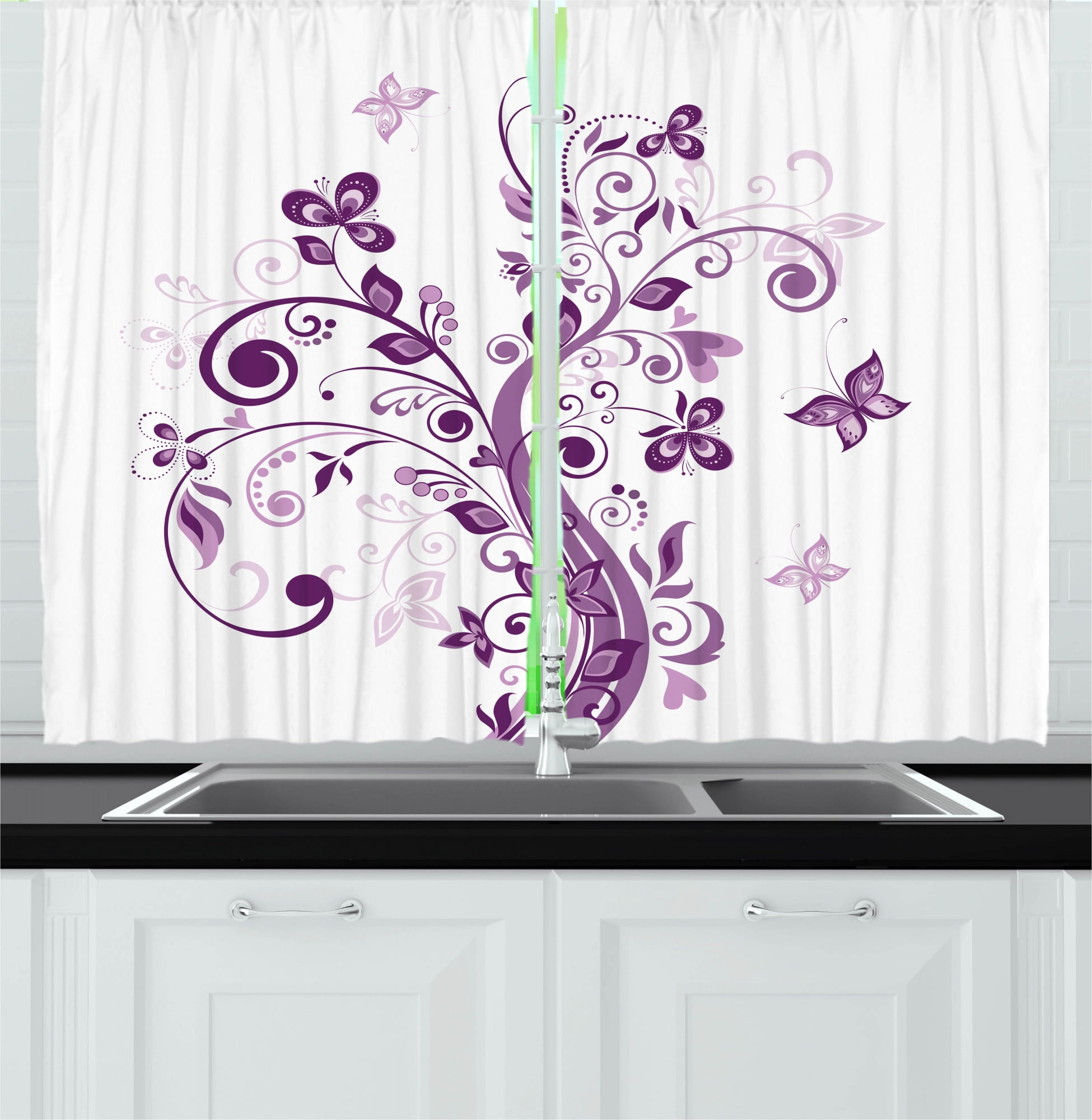 Ambesonne Mauve Kitchen Curtains, Flowers Leaf Butterlies, 55"x45