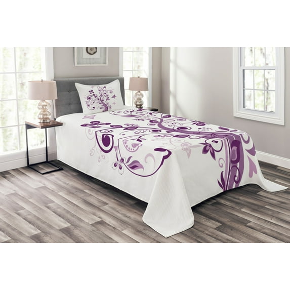 Ambesonne Mauve Quilted Bedspread Set 2 Pcs, Flowers Leaf Butterlies, Twin Size, Purple White