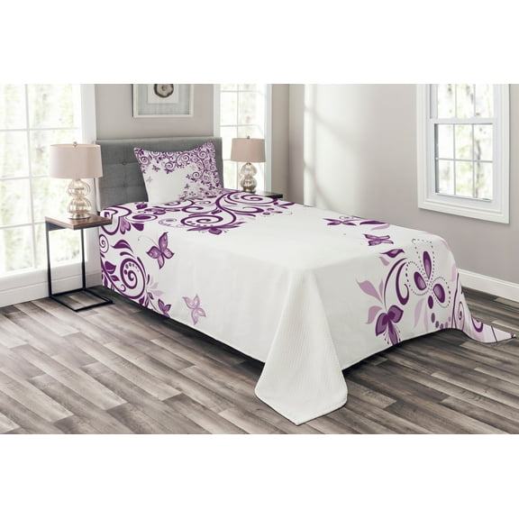 Ambesonne Mauve Quilted Bedspread Set 2 Pcs, Lilium Floral Branch, Twin Size, Violet