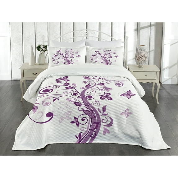 Ambesonne Mauve Quilted Bedspread Set 3 Pcs, Flowers Leaf Butterlies, Queen Size, Purple White