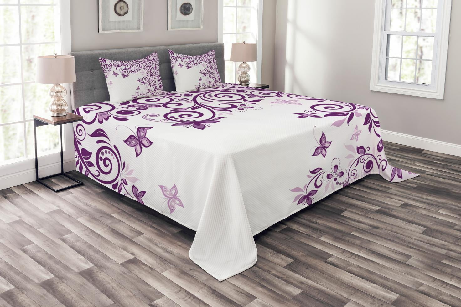 King Purple Quilted Bedspread Set with Floral Design