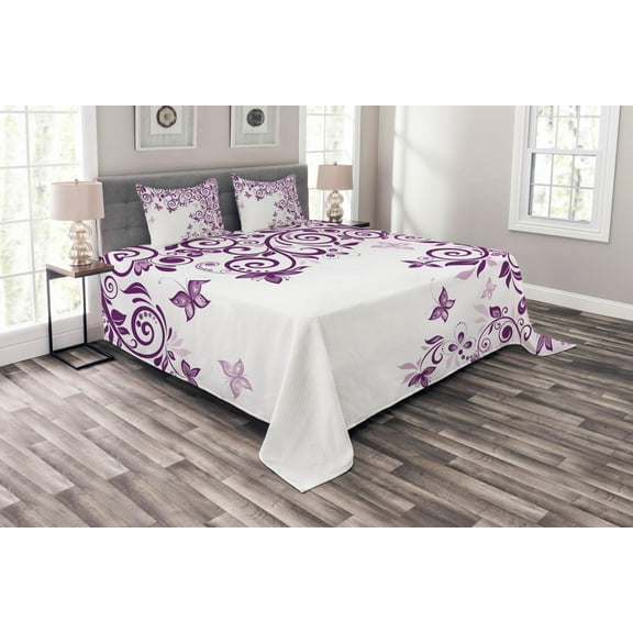 Ambesonne Mauve Quilted Bedspread Set 3 Pcs, Lilium Floral Branch, King Size, Violet