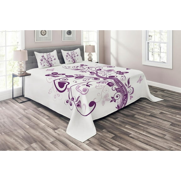 Ambesonne Mauve Quilted Coverlet 3 Pcs, Flowers Leaf Butterlies, Queen Size, Purple White