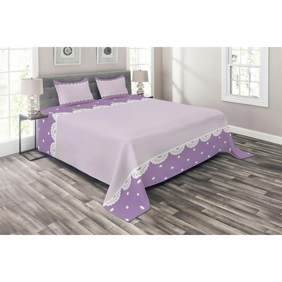 Ambesonne Mauve Quilted Coverlet 3 Pcs, Old Lace Patterns Polka, Queen Size, Lavender Lilac
