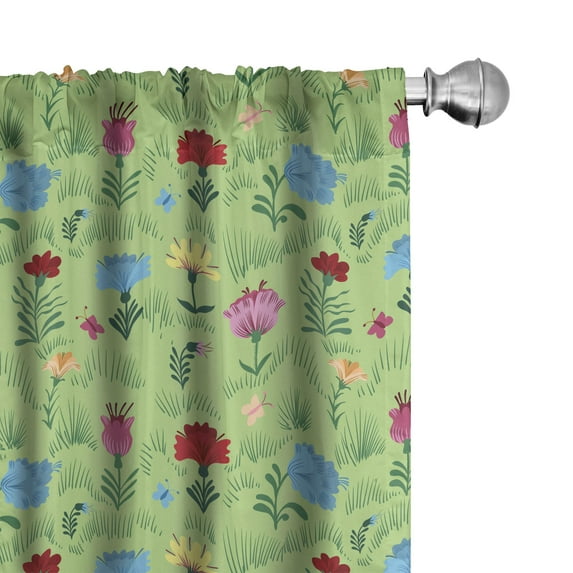 Ambesonne Meadow Window Curtains, Rural Flowers Field on Green, Each 28" W x 84" L, Green Multicolor