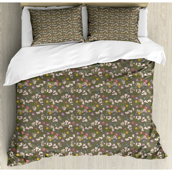 Ambesonne Meadow Duvet Cover Set, Rural Spring Blossoming Art, 2-Calking, Sage Green Rose Fuchsia