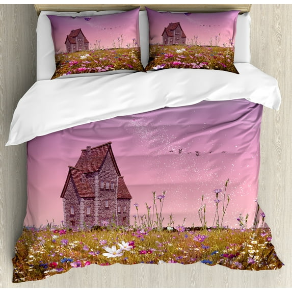 Ambesonne Meadow Duvet Cover Sets, Floral Spring Field House, 2-King, Violet Pale Pink