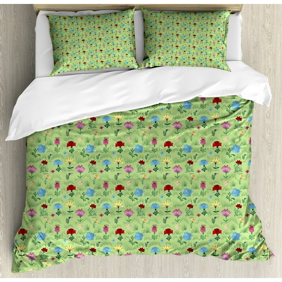 Ambesonne Meadow Duvet Cover Sets, Rural Flowers Field on Green, 2-King, Green Multicolor