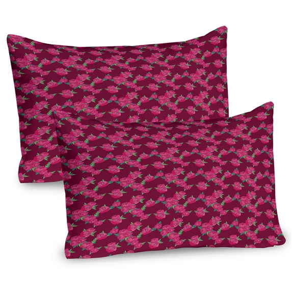 Ambesonne Meadow Pillow Sham 2 Pack, Summer Peony Flowers Magenta, 26"x20", Pink Dark Magenta Green