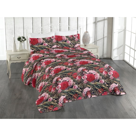 Ambesonne Meadow Quilted Bedspread Set 3 Pcs, Leaves Greenery Flowers Boho, Twin, Pastel Pink and Dark Pink