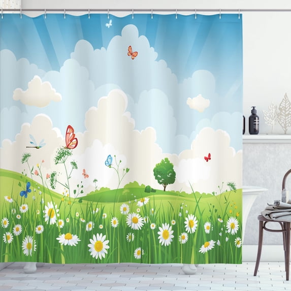Ambesonne Meadow Shower Curtain, Spring Time Sunny Landscape, 69"Wx70"L, Multicolor