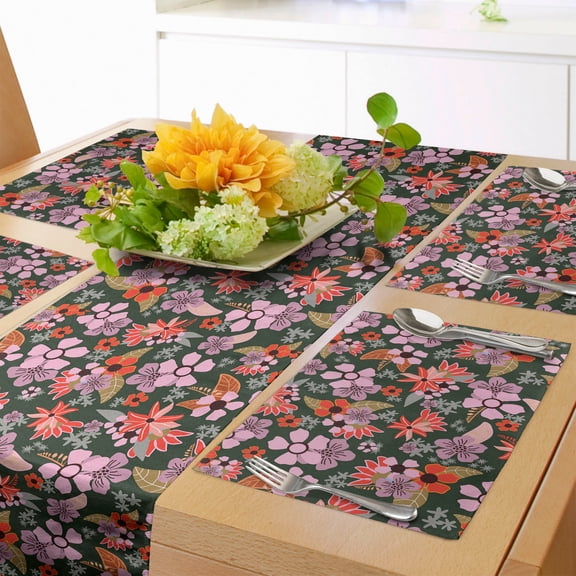 Ambesonne Meadow Table Runner & Placemats, Flourish Season Rural Blooms, Placemat 4 pcs + Runner 12"x90", Pale Pink Red Green