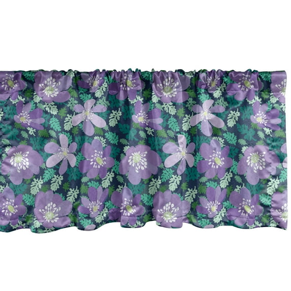 Ambesonne Meadow Window Valance, Natural Blossoming Violet Flowers in Rural Field Fern Leaves Pattern, Curtain Valance for Kitchen Bedroom Decor with Rod Pocket, 54" X 12", Lavender and Forest Green