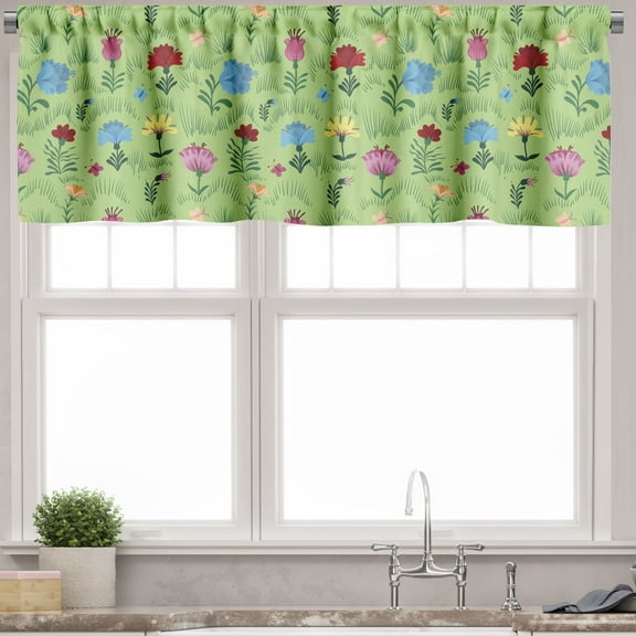 Ambesonne Meadow Window Valance, Rural Flowers Field on Green, 54" X 12", Green Multicolor
