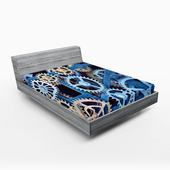 Ambesonne Mechanical Fitted Sheet, Clock Gears Design, Full Size, Blue and Sand Brown