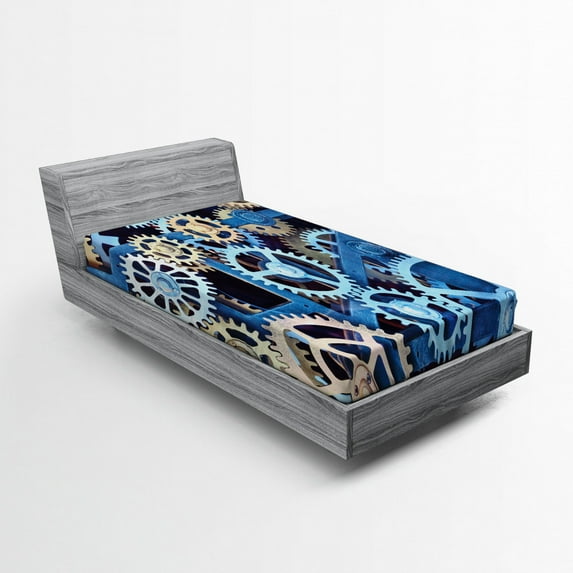 Ambesonne Mechanical Fitted Sheet, Clock Gears Design, Twin Size, Blue and Sand Brown