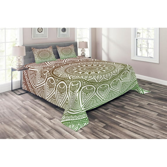 Ambesonne Medallion Quilted Coverlet 3 Pcs, Ethnic Leafy Round Ornate, King Size, Burgundy and Green
