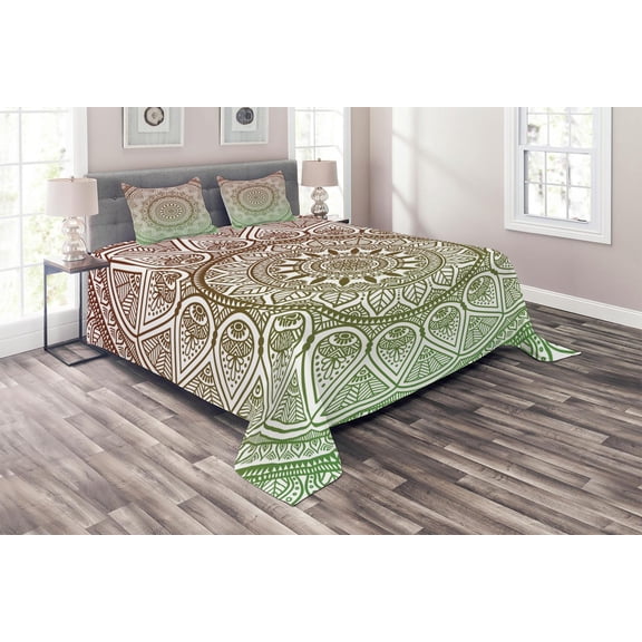 Ambesonne Medallion Quilted Coverlet 3 Pcs, Ethnic Leafy Round Ornate, Queen Size, Burgundy and Green