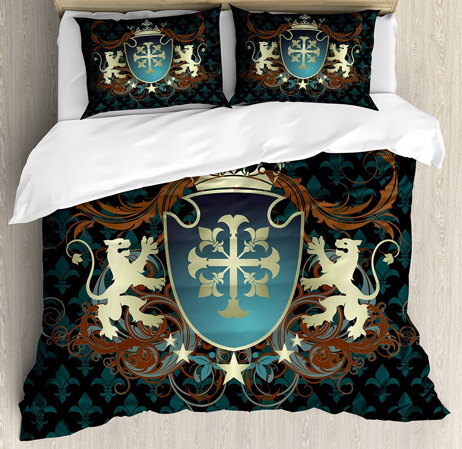 Medieval Heraldic Teal Black Microfiber Queen Duvet Set