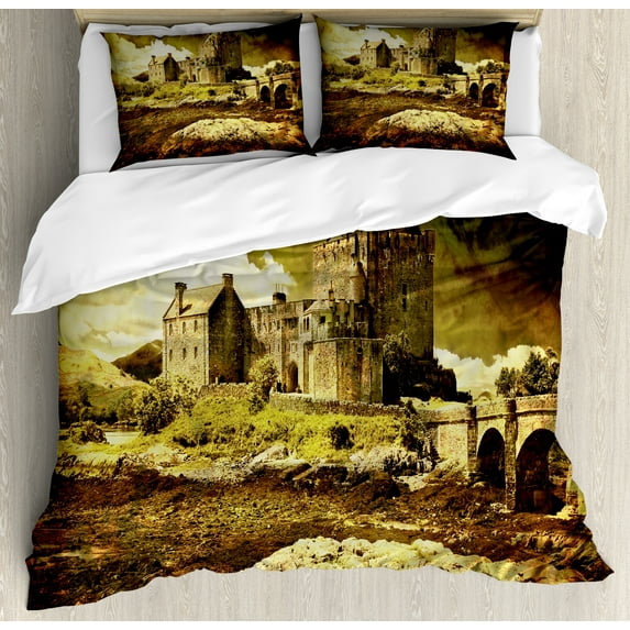 Ambesonne Medieval Duvet Cover Sets, Old Scottish Castle, 2-King, Grey Green
