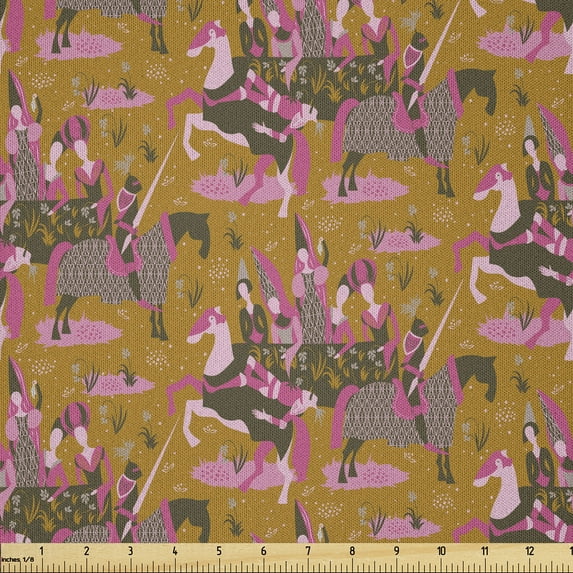 Ambesonne Medieval Fabric by the Yard Microfiber, Knights Cheering Ladies, 10 Yards, Amber Pink and Taupe