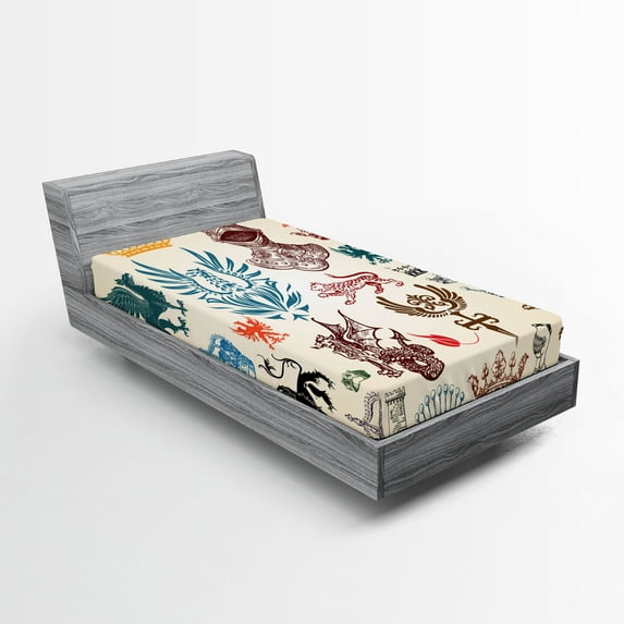 Ambesonne Medieval Fitted Sheet, Classic Royal Crown Motifs, Twin Size, Multicolor