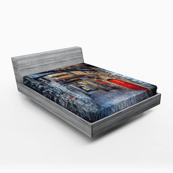 Ambesonne Medieval Fitted Sheet, Old Stone House Town, Full Size, Grey Red Brown