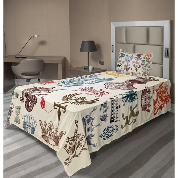 Ambesonne Medieval Fitted & Top Sheet Set with Sham, Classic Royal Crown Motifs, Multicolor