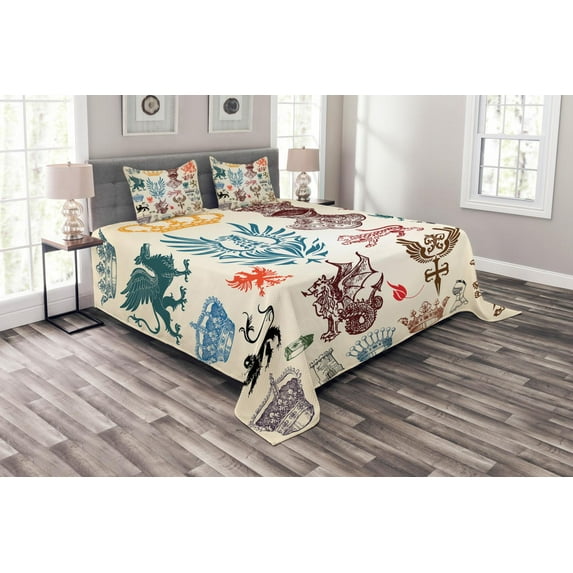 Ambesonne Medieval Quilted Bedspread Set 3 Pcs, Classic Royal Crown Motifs, Queen Size, Multicolor