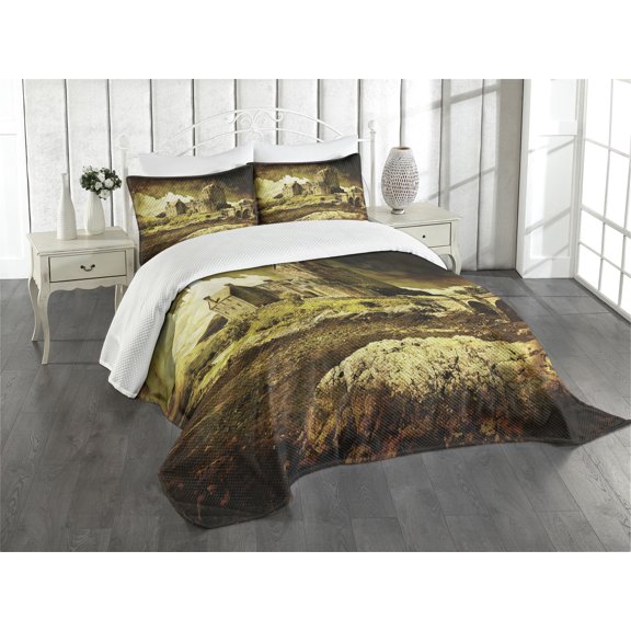 Ambesonne Medieval Quilted Bedspread Set 3 Pcs, Old Scottish Castle, Queen Size, Grey Green