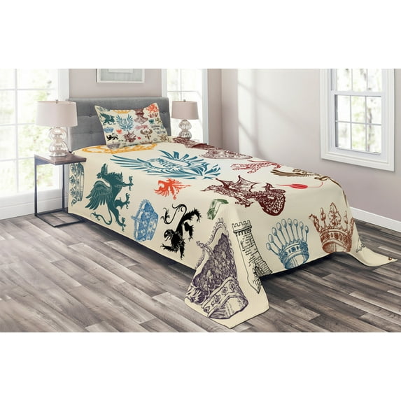 Ambesonne Medieval Quilted Coverlet 2 Pcs, Classic Royal Crown Motifs, Twin Size, Multicolor