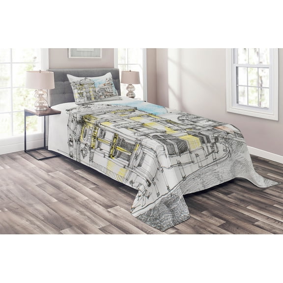 Ambesonne Medieval Quilted Coverlet 2 Pcs, European City Sketch, Twin Size, Multicolor