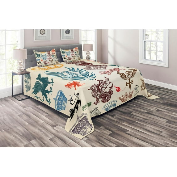 Ambesonne Medieval Quilted Coverlet 3 Pcs, Classic Royal Crown Motifs, King Size, Multicolor
