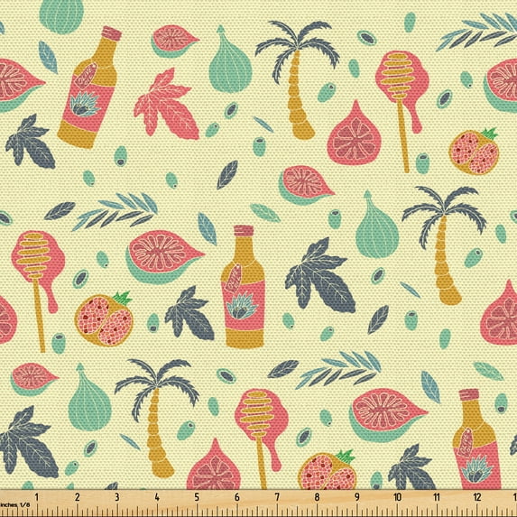 Ambesonne Mediterranean Fabric by the Yard Upholstery, Leaves Olives Figs, 1 Yard, Cream Coral Apricot