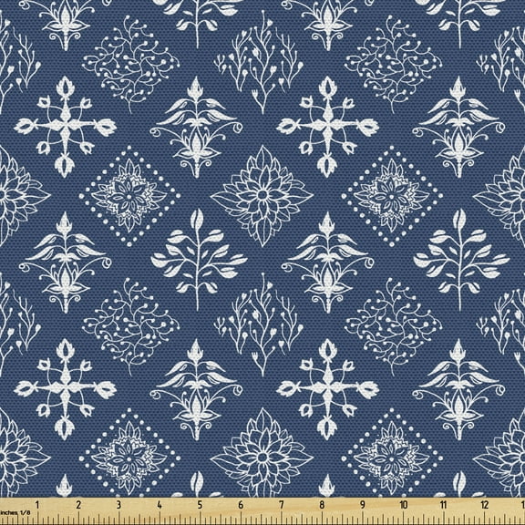 Ambesonne Mediterranean Fabric by the Yard Upholstery, Rectangular Armor, 5 Yards, Navy Blue and White
