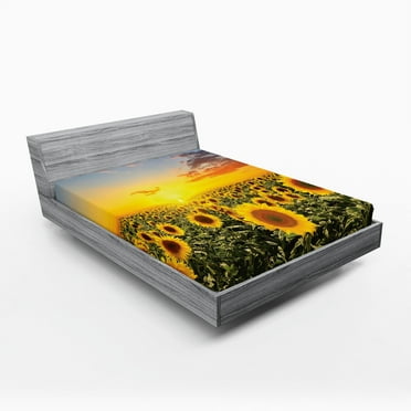Ambesonne Mediterranean Fitted Sheet 2 Pcs Set, Sunflowers Field Dusk, California King, Green Yellow