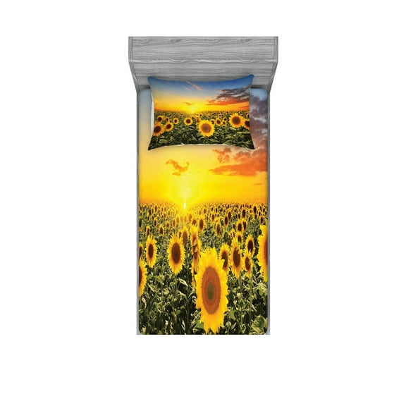 Ambesonne Mediterranean Fitted Sheet & Pillow Sham Set, Sunflowers Field Dusk, Twin, Green Yellow