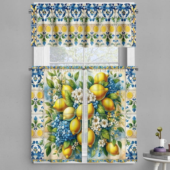 Ambesonne Mediterranean Valance & Curtain 3 Pcs Set, Lemons Classic Mosaic, 55"x30", Blue Yellow and Green